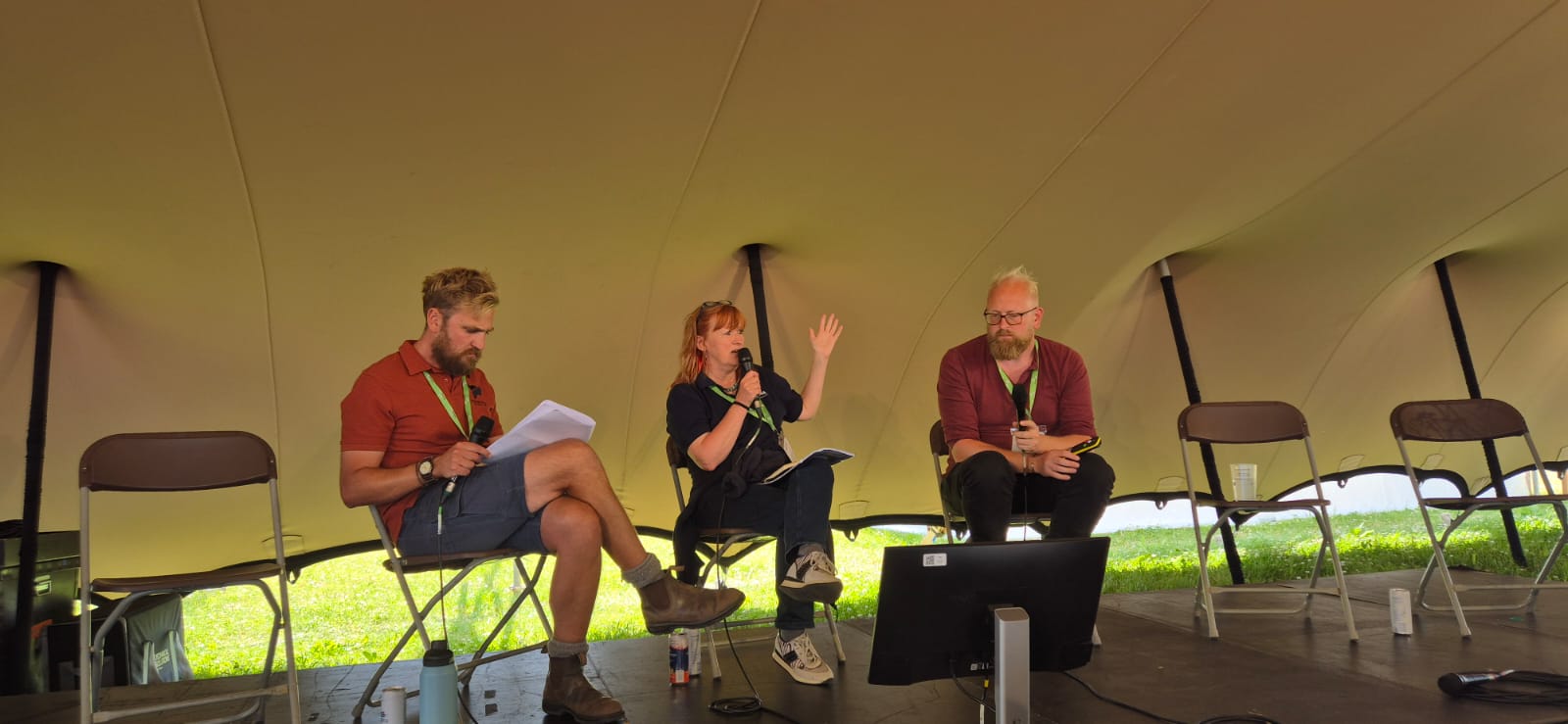 Will Mower (VineWorks), Dr Belinda Kemp (NIAB) and Luke Spalding (Everflyht Vineyards) at Groundswell 2024 presenting a talk about regenerative viticulture