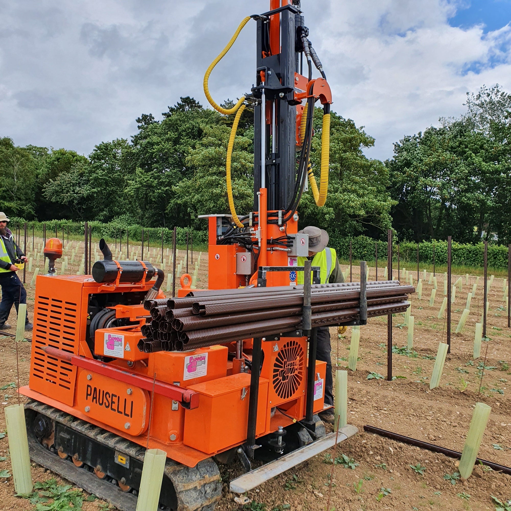 VineWorks' orange Pauselli trellis post rammer in a UK vineyard installing trellising.