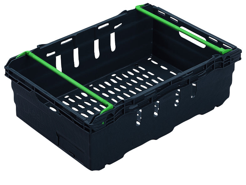 large black plastic maxilog crate (for grape harvest) with green handles