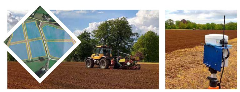 Collage of three images - one is a tractor and planting machine planting vines in a UK vineyard; one is a photos of vineyard monitoring equipment, and one is an inset diamond image of an aerial map of a vineyard.