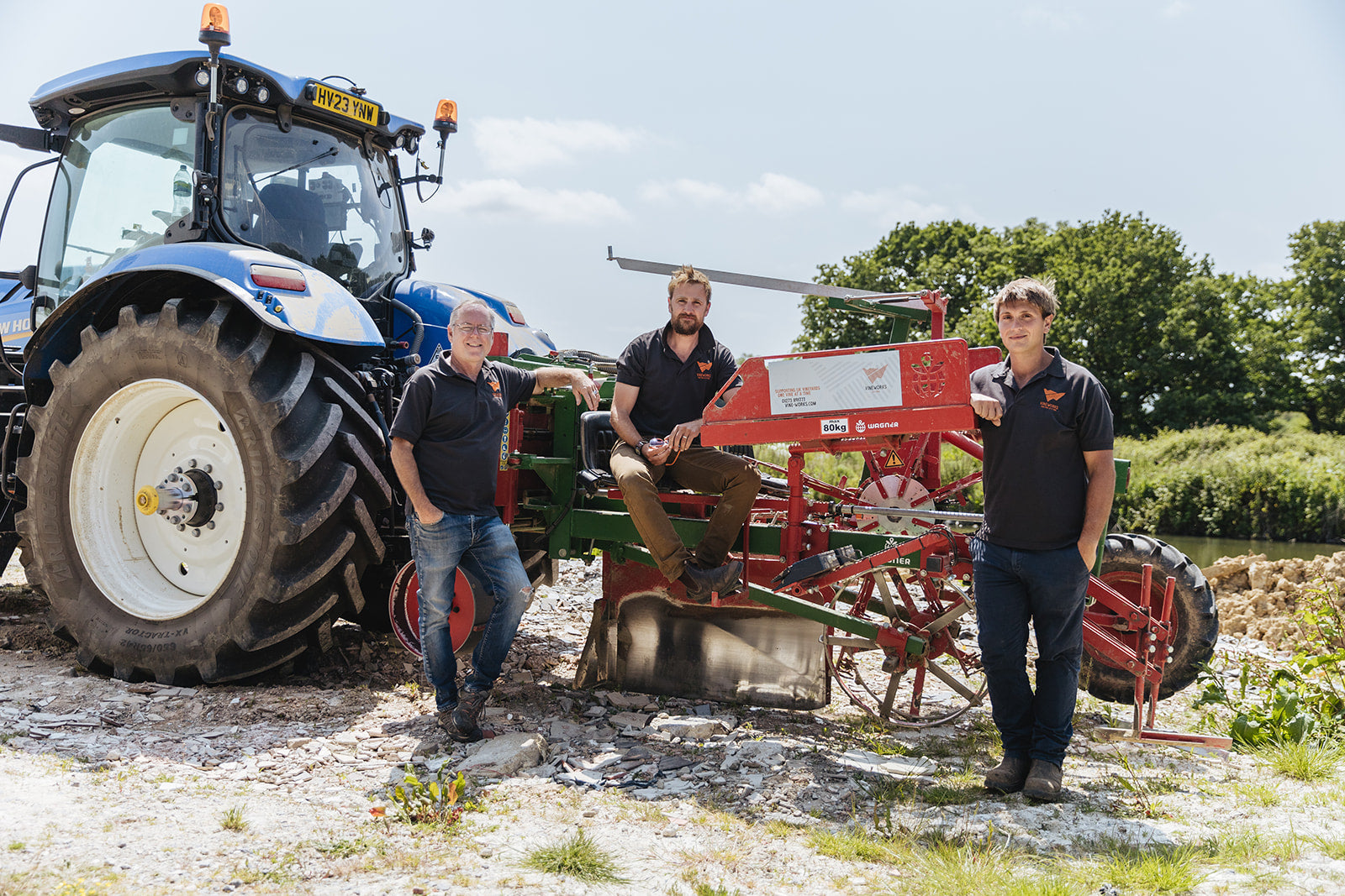 James Dodson (CEO), Will Mower (Head of Vineyard Establishment) and Patrick Martin (Establishment Consultant) at VineWorks standing next to their GPS planting machine, 2023
