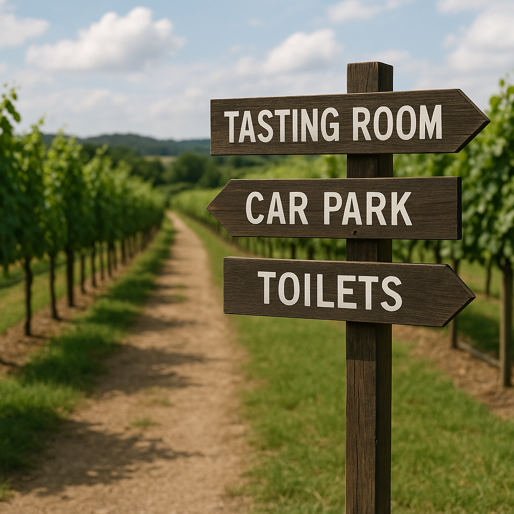 AI generated image of visitor signage in a vineyard. 