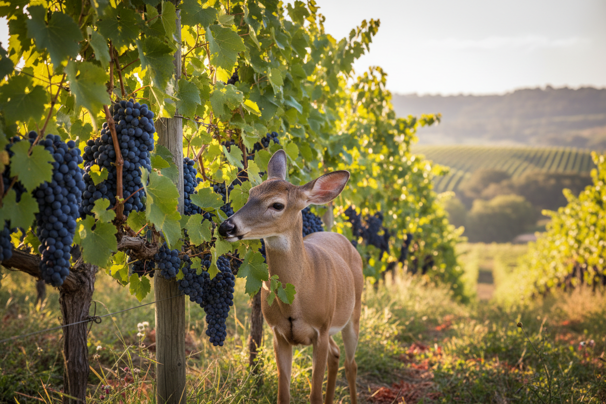 AI image of a deer eating a grape vine.